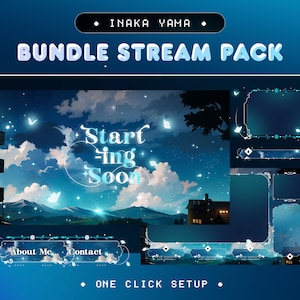 Animated Stream Pack Inaka Yama for Twitch, Kick and Youtube/Aesthetic Village Theme/Overlay Set/Mountain, Clouds, Butterfly/Blue and White