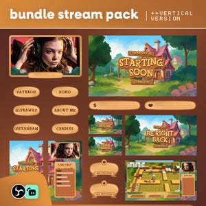Op de afbeelding: Een bundel stream pack met een verticaal versie ontwerp. Het pack bevat diverse graphics in houten stijl voor streaming, zoals "Starting Soon", "Be Right Back" en social media knoppen. Het kleurenpalet is warm, met een focus op bruin en beige.
