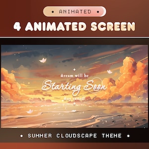 May include: Animated screen overlay with a sunset sky, clouds, and a beach. The text "stream will be Starting Soon stay tuned!" is displayed on the screen.