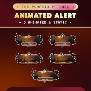 May include: Five animated Twitch alerts with a fall theme. The alerts are for new donations, new subscribers, new followers, new cheers, and new raids. Each alert features a dark brown background with a golden frame and a glowing sunset scene.