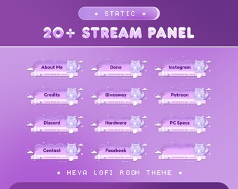 Panel Static Heya Lofi Room for Twitch, Kick, Youtube/Cozy Theme/Cat Overlay Set/Clouds and Plant Element/Purple Color/Cozy/Kawai/Vtuber