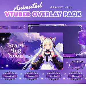 Grassy Hill VTuber Animated Stream Pack for Twitch, Kick, Youtube/Overlay Set/Alert/Panel/Moon, Cloud, Butterfly Element/Purple Color/Kawai
