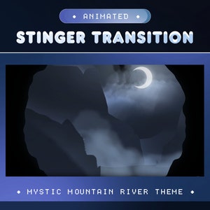 Op de afbeelding: Geanimeerde stinger-overgang met een mystiek berg-rivierthema. De afbeelding toont een halve maan aan een donkere hemel met wolken en bergen op de achtergrond.