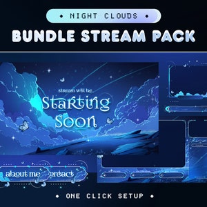 May include: A blue and purple Twitch stream overlay pack with a night sky theme. The overlay includes a starting soon screen, a chat box, a donation panel, and a social media panel. The text "NIGHT CLOUDS" and "BUNDLE STREAM PACK" are at the top of the image. The text "stream will be... Starting Soon" is on the starting soon screen. The text "about me contact" is on the social media panel. The text "ONE CLICK SETUP" is at the bottom of the image.