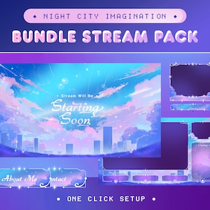 Animated Night City Stream Package for Twitch, Kick and Youtube/Fantasy Theme/Cloud Overlay Set/Alert/Panels/Transition/Blue Pink Colour