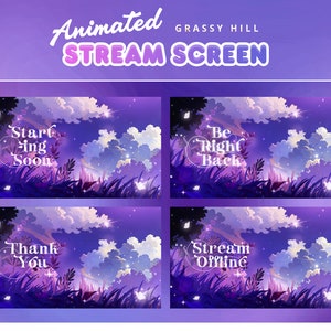 Animated Screen Grassy Hill for Twitch, Kick, Youtube/Aesthetic Theme/Moon Cloud Element/Purple Color/Alert/Vtuber/Cozy/Overlay Set/Japan