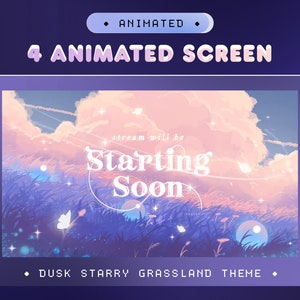 May include: Animated screen overlay featuring a pink and blue sky, clouds, and grass. The text "stream will be starting soon" is in white letters on a pink cloud.