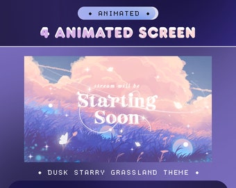 Dusk Starry Grasssland Animated  Stream Overlay Package for Twitch, Kick, YouTube/Cloudy Field/Pink Sky/Cute Dreamy Bundle/Aesthetic Flower