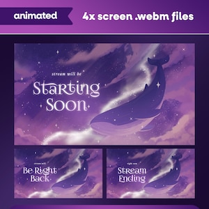 May include: Animated stream overlay with a purple and blue galaxy theme. The main image says "Starting Soon" with a whale illustration. Additional overlays say "Be Right Back" and "Stream Ending".