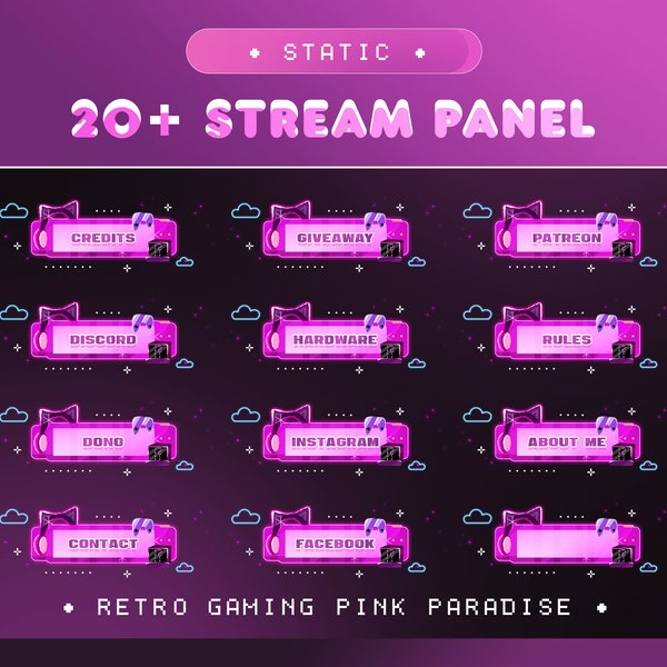 Panel Retro Gaming Stream Package for Twitch, Kick and Youtube/Cozy heme/Room Overlay Set/Alert/Neon Pink Colour/Cozy/Kawai/Vtuber