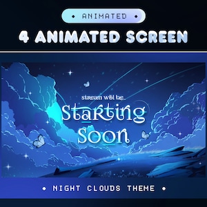 Animated Screen Night Clouds for Twitch, Kick, Youtube/Aesthetic Theme/Butterfly/Overlay Set/Alert/Panels/Dark Calm/Blue Color/Cozy/Vtuber