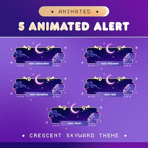 Crescent Skyward Animated Stream Alert for Twitch, Kick, Youtube/Aesthetic Theme/Purple Overlay/Ocean Sea/Moon Night/Vtuber Package/Anime