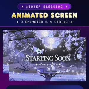 May include: Animated screen overlay with a wintery scene of a moonlit forest with falling snow and two white rabbits sitting on a tree stump. The text "STARTING SOON" is displayed in a gold font with the words "follow for more" below.