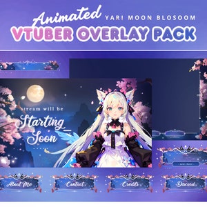 Pacote de transmissão animado Yari Moon Blossom para Twitch, Kick, Youtube/Estética/Sobreposição Vtuber/Luxo/Japão/Alerta/Cor escura calma/Aconchegante/Vtuber