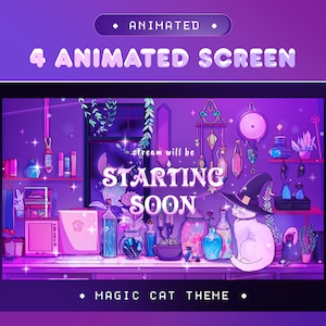 Magic Cat Animated Screen  for Twitch, Kick, Youtube/Cute Theme/Kawaii/Alert/Panel/Transition/Cozy/Vtuber Overlay/Purple Color Design