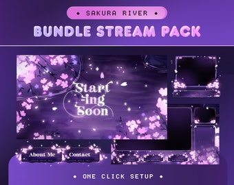 Stinger Transition Sakura River for Twitch, Kick, Youtube/Aesthetic Theme/Overlay Set/Japan/Panels/Glow Dark Calm Color/Cozy/Vtuber Overlay