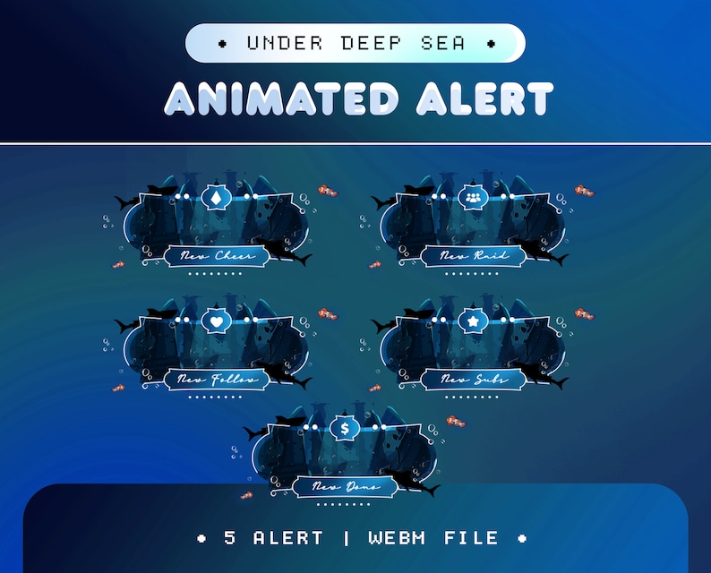 K&ouml;nnte beinhalten: Animierte Alert-Grafiken f&uuml;r Twitch-Streams mit einem Tiefsee-Thema mit Haien und Blasen. Die Alarme umfassen "New Cheer", "New Raid", "New Follow", "New Sub" und "New Done".