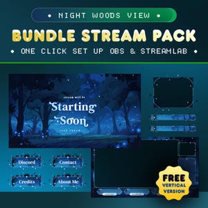 May include: A blue and yellow stream pack with a night woods theme. The pack includes a starting soon screen, a chat box, a donation bar, a social media panel, and a credits panel. The text "stream will be Starting Soon stay tuned..." is displayed on the starting soon screen. The text "Discord, Contact, Credits, About Me" is displayed on the social media panel. The text "FREE VERTICAL VERSION" is displayed on a yellow banner.
