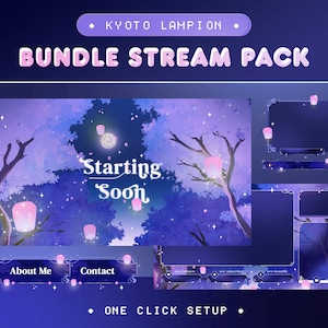 Dark Lampion Gaming Stream Paket für Twitch, Kick und Youtube/Ästhetisches Thema/Laternen, Baum, Sakura, Mond Vibes Overlay/PurplePink Farbe