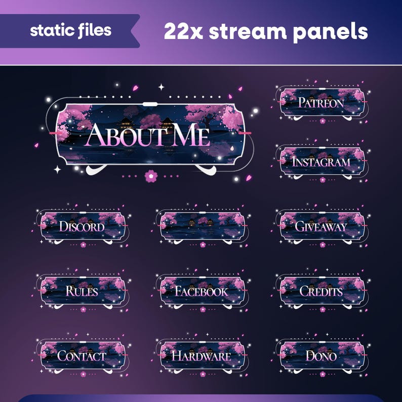 Starlit Pagoda Animated Stream Overlay Pack for Twitch, Kick, Youtube/Sakura Cherry Blossom/Japanese Theme/Aesthetic/Pink/Blue/Panels/Alerts image 6
