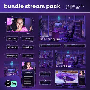 Animated Cozy Purple Gaming Room Stream Pack: Neon Skyline for Twitch and OBS/Streamlabs