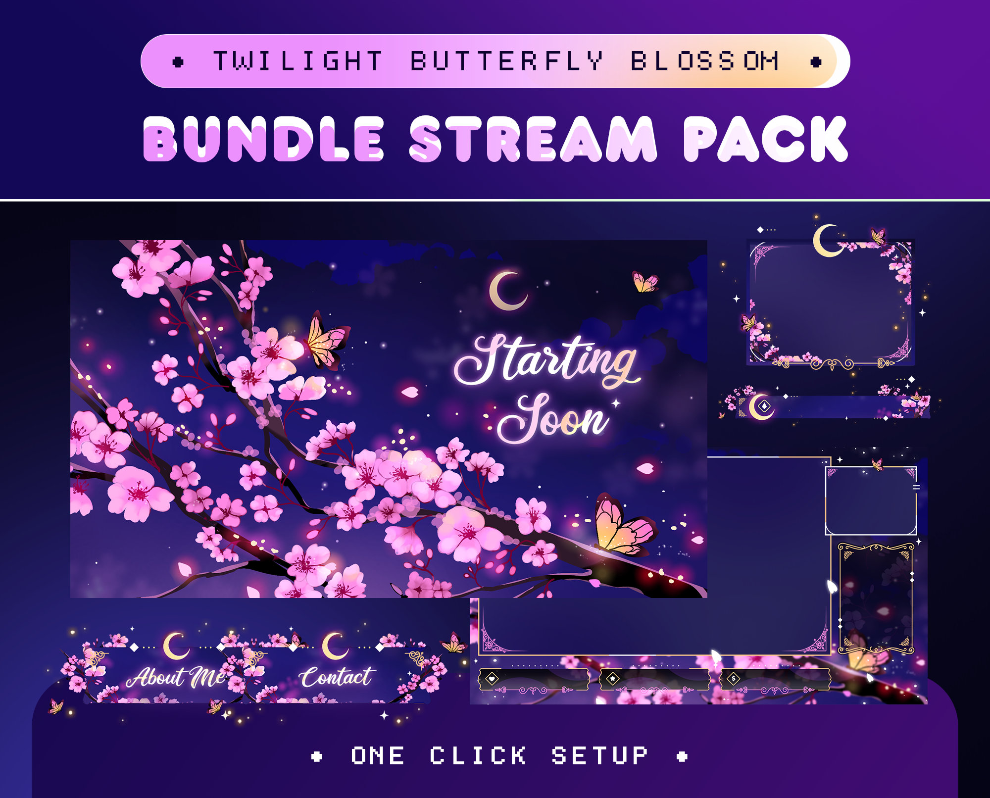 Twilight Butterfly Blossom Animated Stream Pack für Twitch, Kick, Youtube/ästhetisches Thema/Streamlabs Overlay/Pink Cute Sakura/Purple Sky
