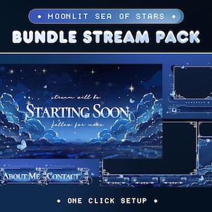 Moonlit Sea of Stars Animated Stream Overlay Bundle for Twitch YouTube Kick/Sky/Dark Theme/Aesthetic Package/Vtuber Layout/Blue Color/Cute
