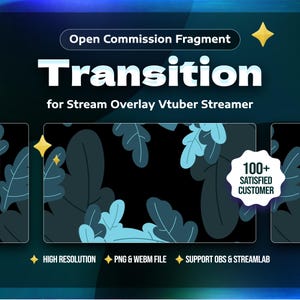 Peut inclure: Une illustration numérique d'un effet de transition pour une superposition de flux. L'image présente un fond sombre avec des feuilles bleues et vertes. Le texte "Transition" est en blanc avec un contour bleu. Le texte "for Stream Overlay Vtuber Streamer" est en blanc. Le texte "100+ SATISFIED CUSTOMER" est en blanc avec un contour bleu. Les textes "HIGH RESOLUTION", "PNG & WEBM FILE" et "SUPPORT OBS & STREAMLAB" sont en blanc avec un contour bleu.