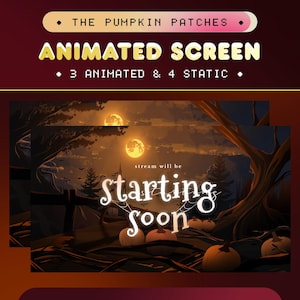 Könnte beinhalten: Animierter Halloween-Stream-Startbildschirm mit einem dunklen Waldboden, einem Vollmond und Kürbissen. Der Text "stream will be starting soon" ist in Weiß mit schwarzem Umriss.