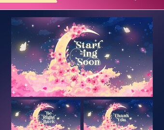 Pink Crescent Canopy Stream Screens: Kawaii Pastel Moon and Sakura Theme for Twitch and OBS/Streamlabs