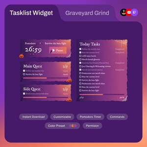 Graveyard Grind Tasklist Widget | Pomodoro Timer & To-Do List | Twitch Coworking Stream Overlay | StreamElements OBS