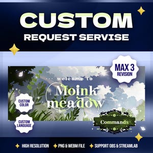 May include: A custom animated overlay for streaming with a nature theme. The overlay features a forest scene with a blue sky, clouds, and a rainbow. The text "welcome to Moink meadow" is displayed in a whimsical font. The overlay also includes options for custom color, language, and commands. The overlay is available in high resolution and can be downloaded in PNG and WEBM file formats. It is compatible with OBS and Streamlabs.