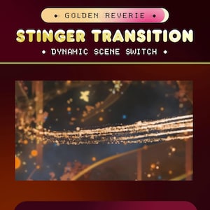 May include: A digital animation effect called "Stinger Transition" with the text "Dynamic Scene Switch" displayed on a dark red background. The animation effect features a series of white streaks of light against a dark background with a blurred out image of a city skyline in the background.