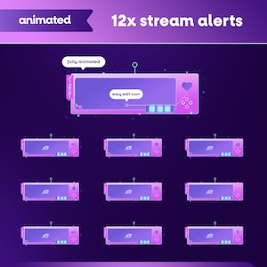 May include: Animated stream alerts in shades of purple and pink, with the text "animated" and "12x stream alerts." The design includes a main alert box and several smaller ones, all featuring a heart and star design.