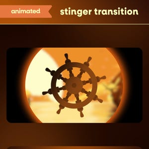 May include: Animated stinger transition graphic featuring a ship's wheel in a circular frame. The wheel is brown with black accents, set against an orange and brown gradient background. The words "animated" and "stinger transition" are displayed.