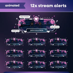 Starlit Pagoda Animated Stream Overlay Pack for Twitch, Kick, Youtube/Sakura Cherry Blossom/Japanese Theme/Aesthetic/Pink/Blue/Panels/Alerts image 5