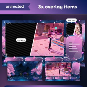 Starlit Pagoda Animated Stream Overlay Pack for Twitch, Kick, Youtube/Sakura Cherry Blossom/Japanese Theme/Aesthetic/Pink/Blue/Panels/Alerts image 4