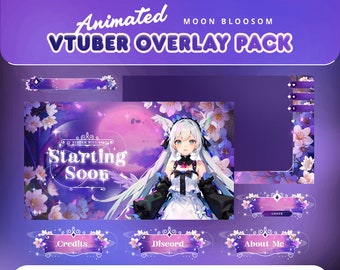 Moon Blossom VTuber Animated Stream Pack for Twitch, Kick, Youtube/Aesthetic Theme/Overlay Set/Japan/Alert/Dark Calm Color/Vtuber Overlay