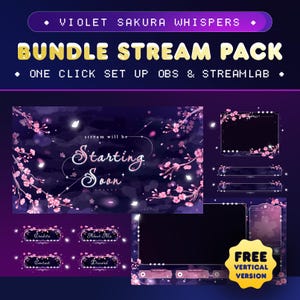 Violet Sakura Whispers Animated Stream Pack for Twitch/Vertical Stream for TikTok/Aesthetic Blossom Purple/Cute Overlay Package/Sky Night