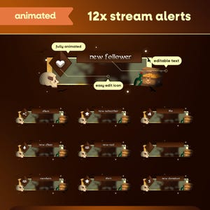 May include: Animated stream alerts with a pirate theme. The design features a skull, treasure chest, and brown banners with text like "new follower" and "new subscriber." The alerts are fully animated and have editable text.