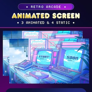 May include: A retro arcade-themed digital illustration featuring a blue and pink desktop with a computer monitor displaying the text "START!" and another monitor displaying the text "SOON".