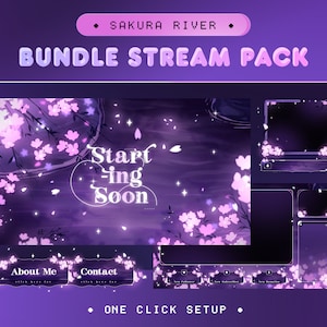 Animiertes Sakura River Stream Pack für Twitch, Kick, Youtube/Ästhetisches Thema/Overlay Set/Japan/Alert/Glow Dark Calm Color/Cozy/Vtuber Overlay