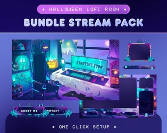 May include: A Halloween themed Twitch stream pack with a purple and blue color scheme. The pack includes a starting soon screen, a chat box, a panel, and a banner. The image features a spooky room with a throne, a desk, and a window with a view of a cityscape. The text "HALLOWEEN LOFI ROOM" and "BUNDLE STREAM PACK" is displayed at the top of the image. The text "ONE CLICK SETUP" is displayed at the bottom of the image.