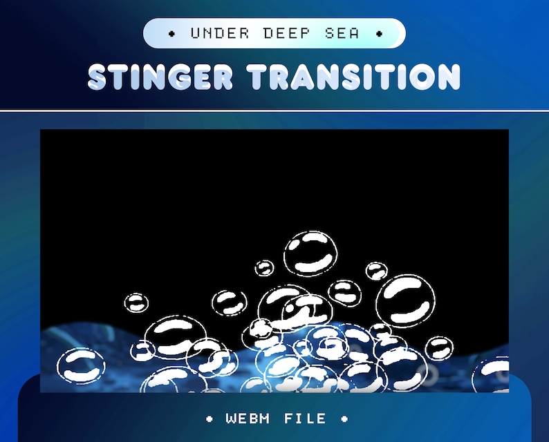 K&ouml;nnte beinhalten: Ein schwarzer Hintergrund mit wei&szlig;en animierten Blasen, die vom unteren Bildschirmrand aufsteigen. Der Text "STINGER TRANSITION" befindet sich oben auf dem Bildschirm in wei&szlig;en Buchstaben. Der Text "WEBM FILE" befindet sich unten auf dem Bildschirm in wei&szlig;en Buchstaben.