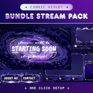 Pacote de sobreposição de fluxo animado Cosmic Violet para Twitch, Kick, YouTube/Purple Galaxy/Space Power of Great Celestial/Black Hole Planet Panel