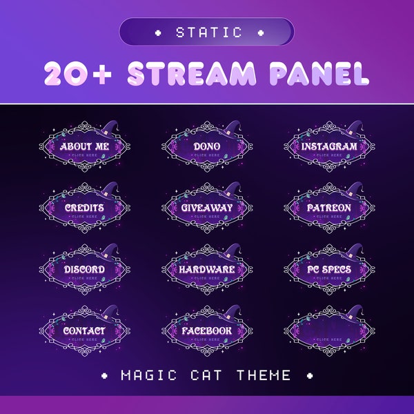 Panel Magic Cat for Twitch, Kick, Youtube/Aesthetic Theme/Alert/Transition/Cute Theme/Panels/Twitch Panel/Purple Dark Calm/Kawaii/Witch Cat