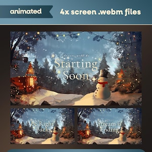 Può includere: Schermate di streaming animate a tema invernale. Lo schermo principale dice "Starting Soon" con un pupazzo di neve. Schermate aggiuntive dicono "Be Right Back" e "Stream is Ending". Le schermate presentano una scena di foresta innevata con una casa e luci natalizie.