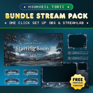 以下が含まれることがあります： 山、赤い門、三日月が描かれた夜空の背景を持つ、青と金のストリーマーパック。パックには、開始画面、ウェブカメラフレーム、チャットボックス、ソーシャルメディアボタンが含まれています。開始画面には「STREAM WILL BE STARTING SOON」というテキストが表示されています。開始画面の下には「FOLLOW FOR MORE」というテキストが表示されています。黄色の円には「FREE VERTICAL VERSION」というテキストが表示されています。