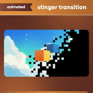 May include: An animated stinger transition graphic featuring a bright orange cube and a blue cube floating against a sky background with white clouds. A pixelated black diagonal effect sweeps across the frame, partially obscuring the scene.