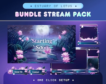 Animated Blue Lotus Flower Stream Pack for Twitch, Kick, Youtube/Aesthetic Theme/Overlay Set/Moon,Cloud,Tree/Alert/Panels/Night Blue Purple